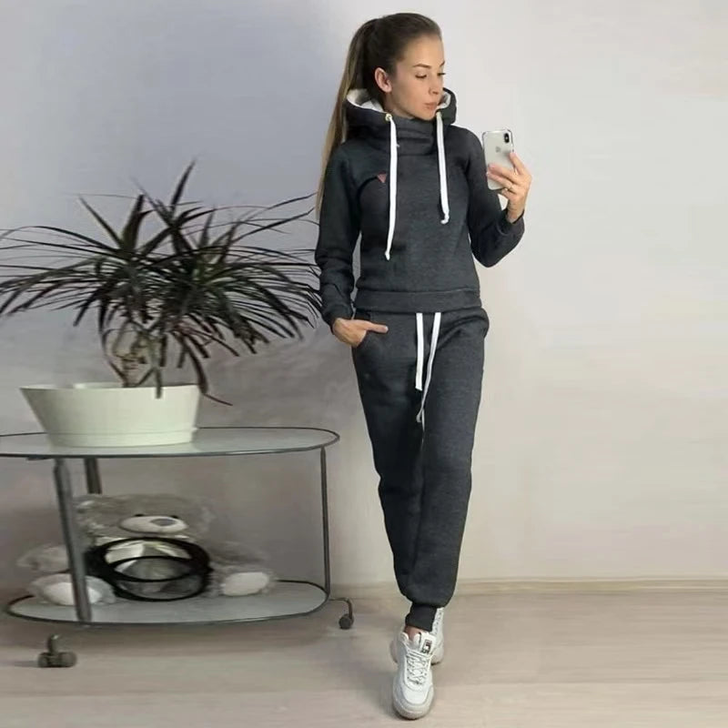 Solid Women Tracksuit Casual Hoodies Sweatshirt Pant Set Lounge Wear Sport Suit 2PCS Autumn Winter Clothes