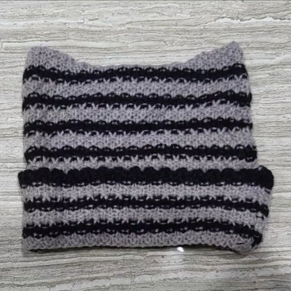 New Japanese Streetwear Harajuku Beanie Little Devil Striped Knitted Hat Women Girls Autumn Winter Cute Cat Ears Cap