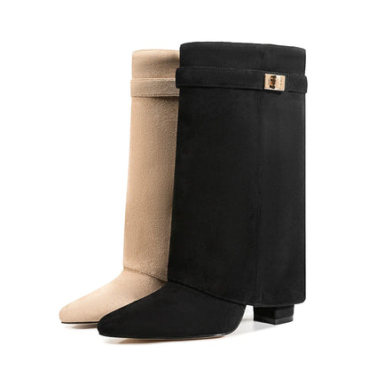 Autumn Winter New Pointed Metal Buckle Knee High Women's Boots, Thick High-heeled Pants Boots, Fashionable Mid Leg Boots