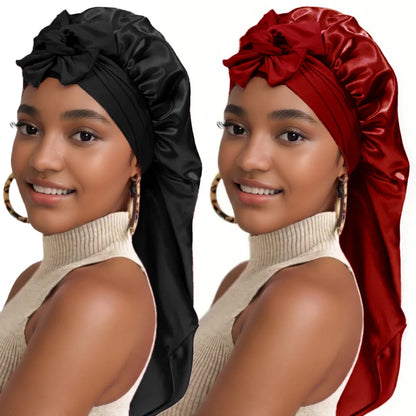 2Pcs Solid Color Bowknot Braid Bonnet Classic Long Satin Bonnets Soft Women Sleeping Night Cap Breathable Hair Bonnets