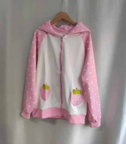 Japanese Kawaii Rabbit's Ears Hoodies Loose Polka Dot Patchwork Women Grunge Hoody Y2k Aesthetic Fairy Strawberry Sweatshirt