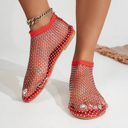 2024 Summer Women's New Round Toe Flat Bottom Sandals Hollow Short Boots Water Diamond Sexy Flat Bottom Fashion Banquet Slippers