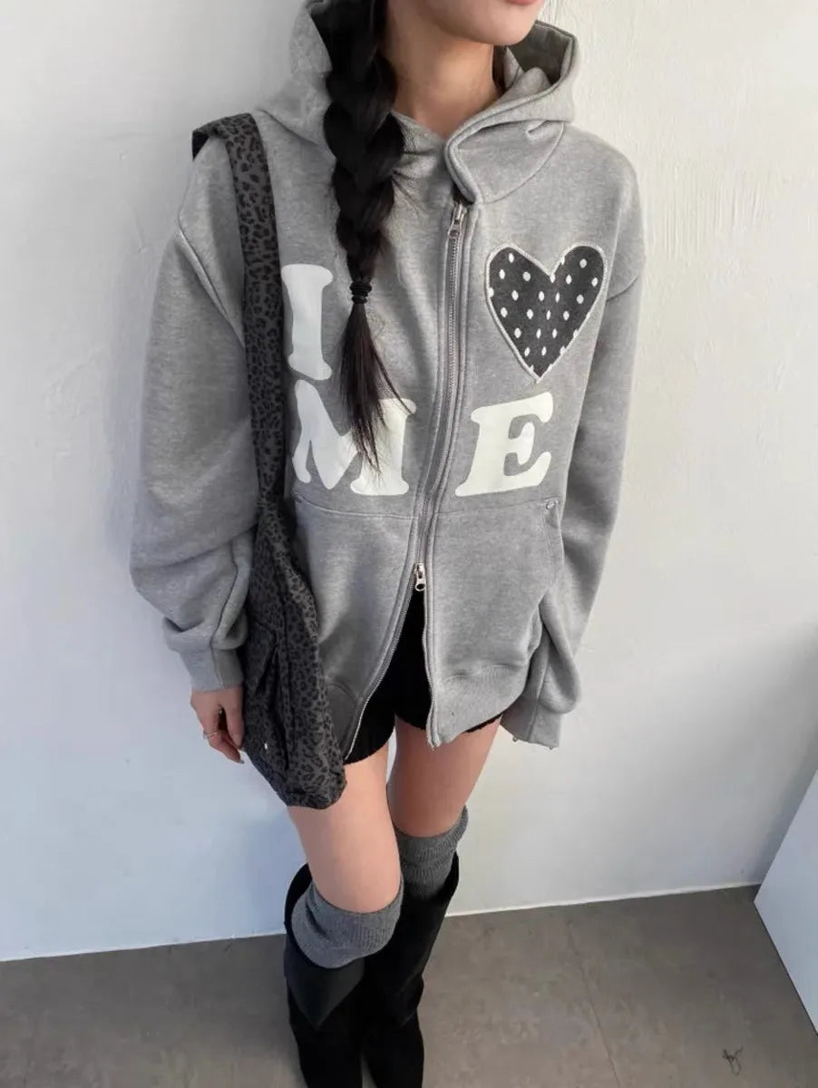 Light Colour Vintage Patch Double Zip Up Cardigan for Women Harajuku Design Korean Style Letter Jacket Aesthetic Hoodies