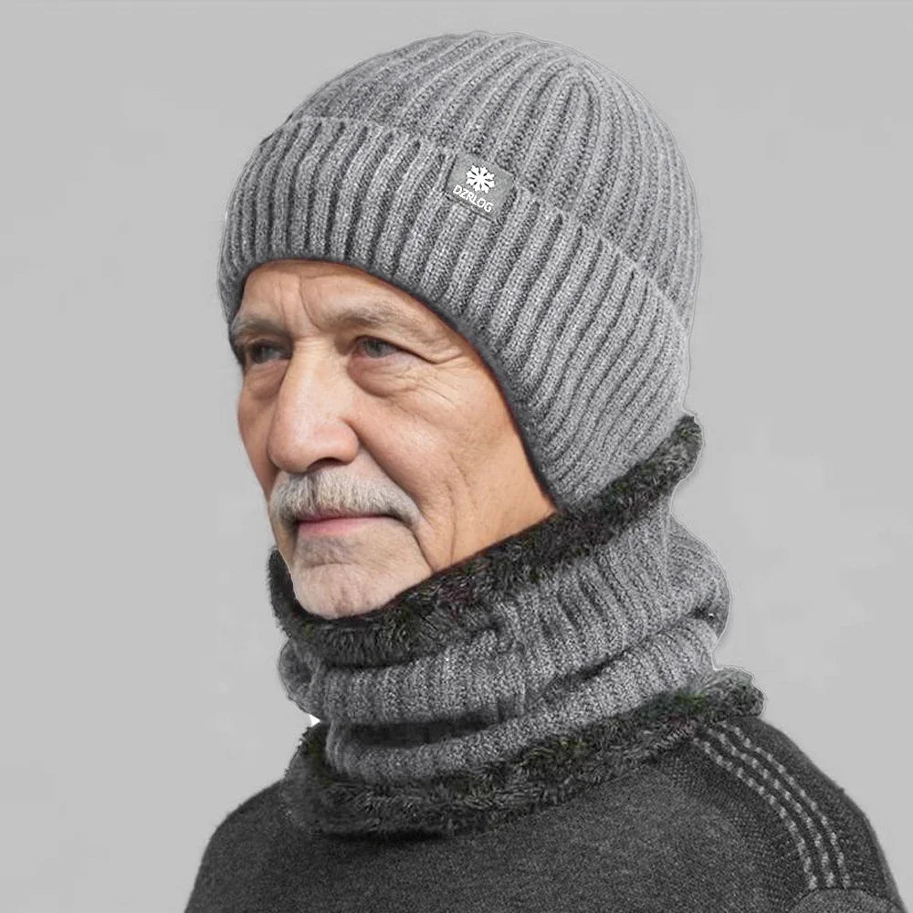 Men Winter Knitted Hat with Neck Scarf Plush Warmth Peaked Cap Earmuff 2025 Fashion Faux Fur Bomber Hats Cycling Ear Protection