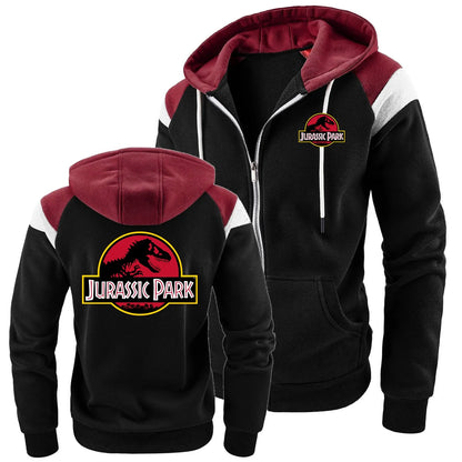 New Men Hoodies Jacket JURASSIC PARK Dinosaur World Graphic Men's Color Blocking Contrasting Sweatshirt, Men Casual Sports Top