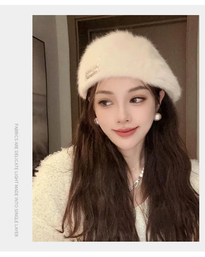 Women Reversible Rabbit Fur Beret Winter Warm Double Sided Knit Hat Retro Painter Cap for Oval Round Face