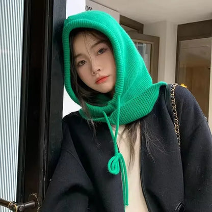 Knitted Hooded Caps Winter Balaclava Hats Women Outdoor Warmer Drawstring Hats One-piece Neck Collar Beanies Cap