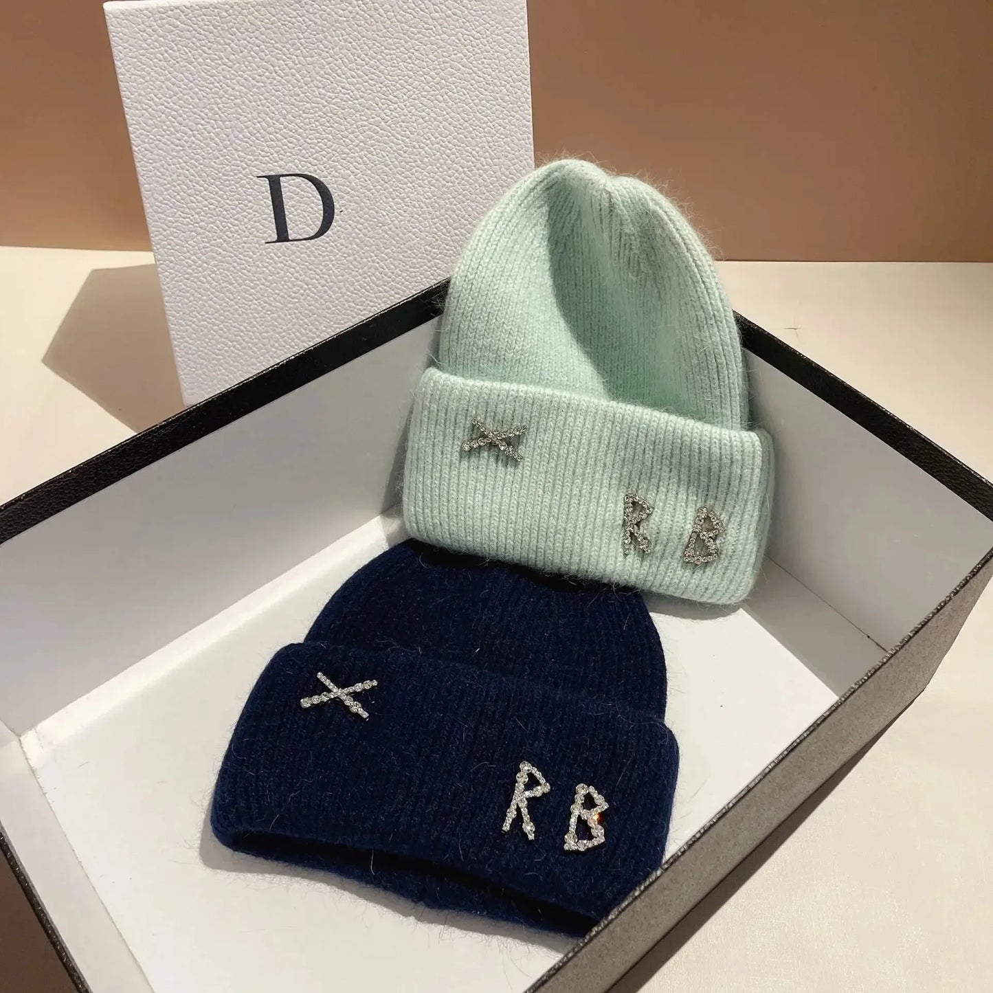 New Real fashion rabbit hair diamond letter hat Women's Winter warm knit hat Designer women's casual hat ski hat