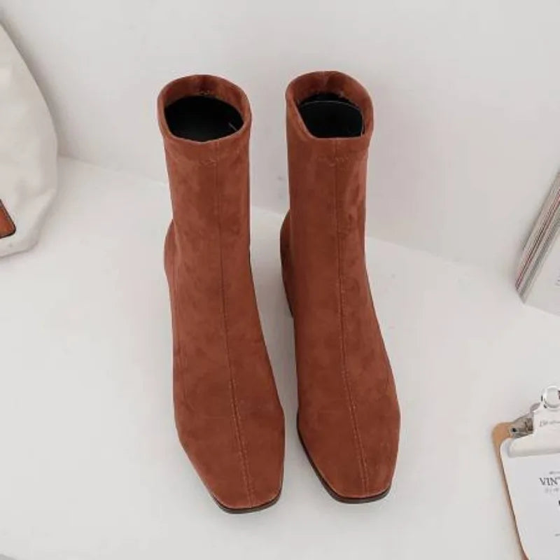 NASBAVI Woman Ankle Boots 2025 Autumn Winter Round Toe Low Heel Flock Black Comfortable Booties Lady Shoes Zapatos Mujer