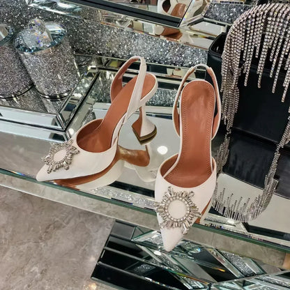 2026 Spring Autumn EU US Satin Slingback Women Sandals Pointed Flared Heels Sun Rhinestone Crystal Wedding Party Dress Heels
