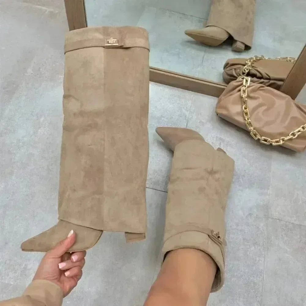 Autumn Winter New Pointed Metal Buckle Knee High Women's Boots, Thick High-heeled Pants Boots, Fashionable Mid Leg Boots