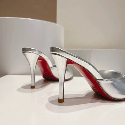 2026 New Black Fish Mouth Ultra High Women's Shoes, Sexy High Heels, Wearing Straight Pointed Lacquer Leather Open Toed Slippers