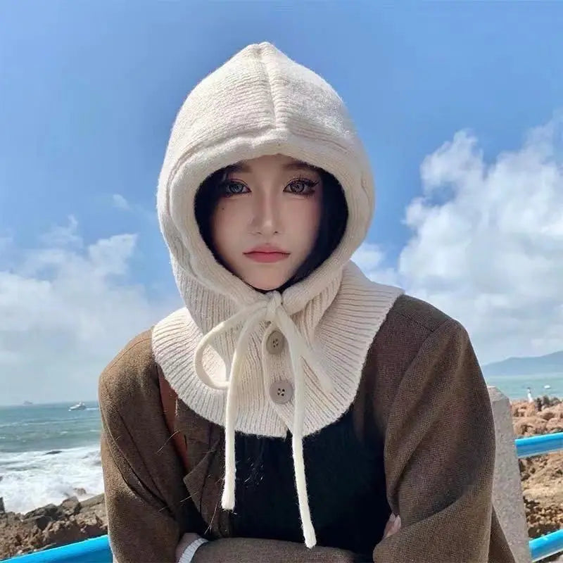 Knitted Hooded Caps Winter Balaclava Hats Women Korean Style Outdoor Warmer Drawstring Hats One-piece Neck Collar Beanies Cap
