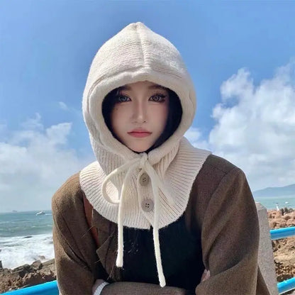 Knitted Hooded Caps Winter Balaclava Hats Women Korean Style Outdoor Warmer Drawstring Hats One-piece Neck Collar Beanies Cap