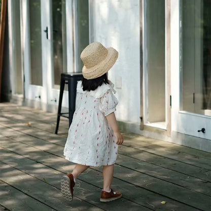 2023 Children Hand-knitted Raffia Retro Flat Top Sun Hats Girls and Boys Summer Travel Sunscreen Vacation Straw Hat with Lacing