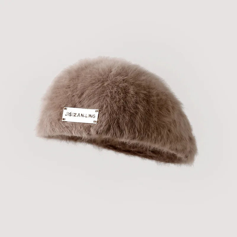 Women Reversible Rabbit Fur Beret Winter Warm Double Sided Knit Hat Retro Painter Cap for Oval Round Face