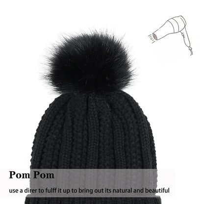 Satin Lined Winter Hat Beanie For Women Men, Knitted Wool Crochet Cap With Fashion Fur Ball Pompom Winter Stretchy Warm Hat