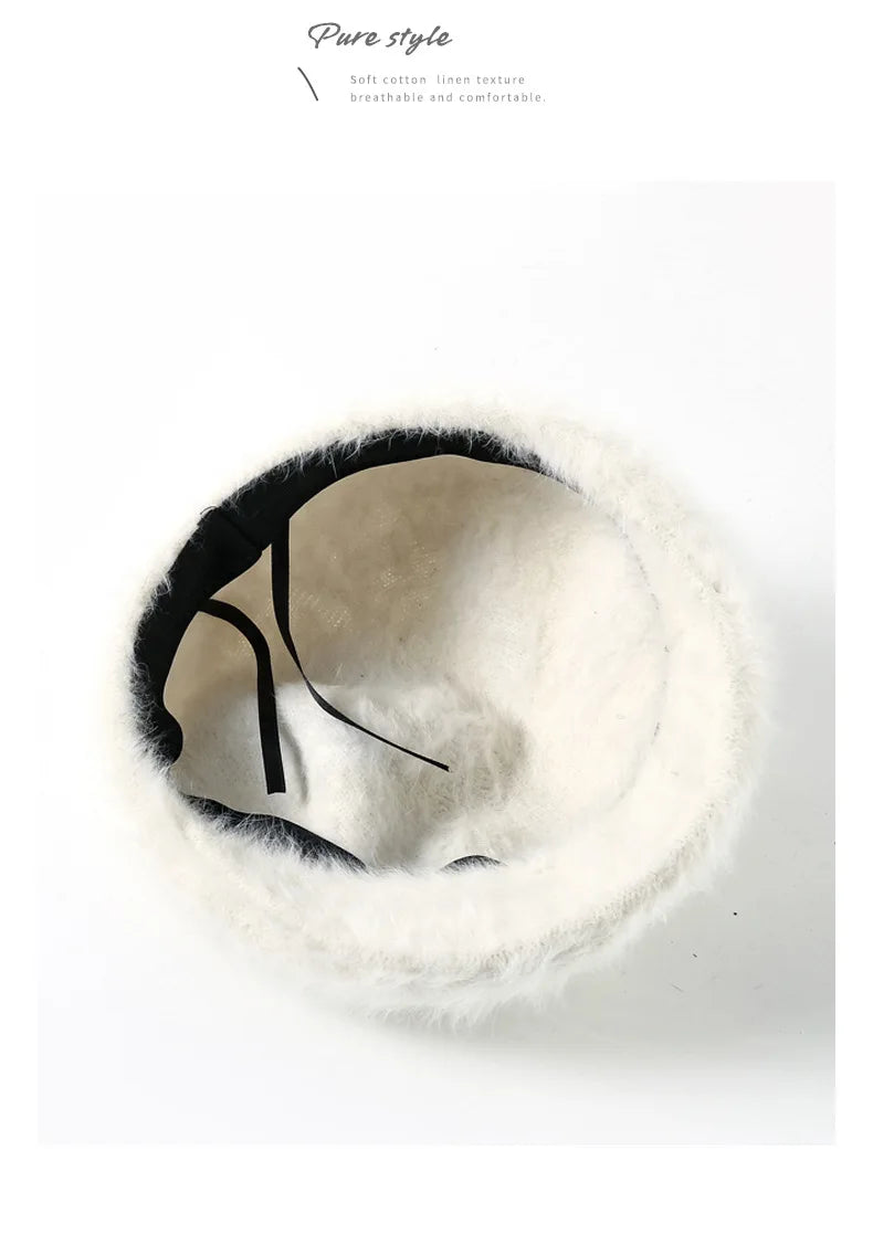 Women Reversible Rabbit Fur Beret Winter Warm Double Sided Knit Hat Retro Painter Cap for Oval Round Face