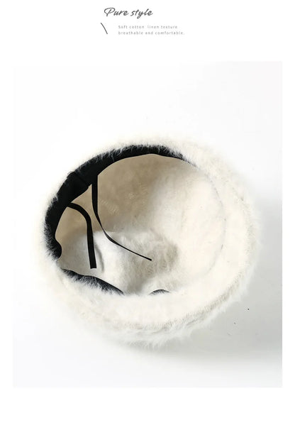 Women Reversible Rabbit Fur Beret Winter Warm Double Sided Knit Hat Retro Painter Cap for Oval Round Face