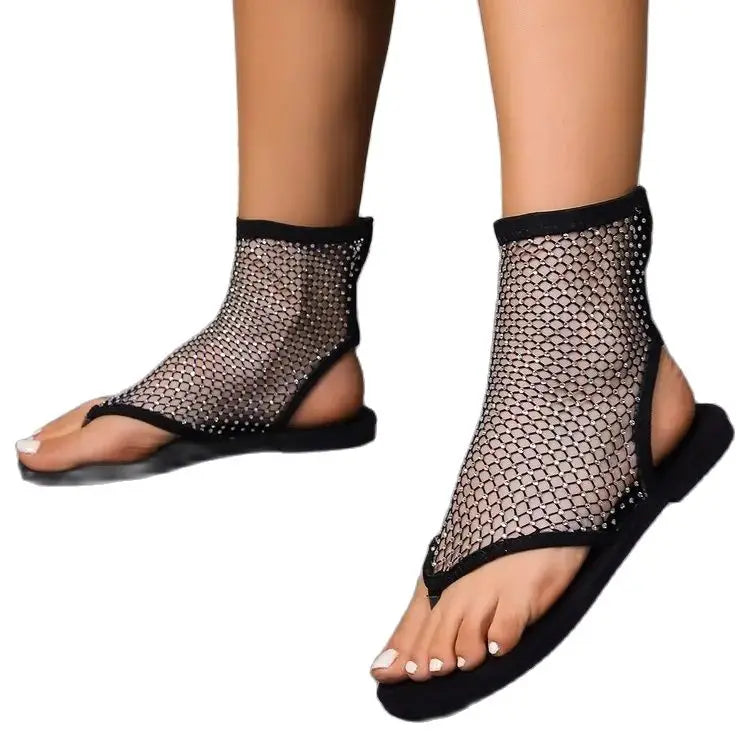 2024 Summer Women's New Round Toe Flat Bottom Sandals Hollow Short Boots Water Diamond Sexy Flat Bottom Fashion Banquet Slippers
