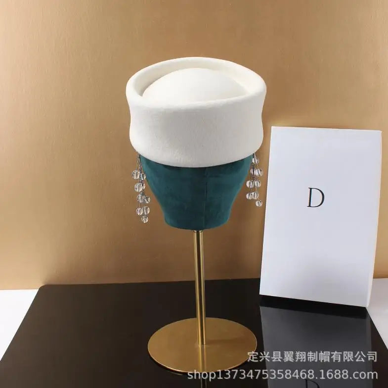 Women Wool Felt Berets Hat Vintage Hard Top Concave Top Fedoras Hats Wedding Fascinator Hats Wedding Cocktail Party Pillbox Cap