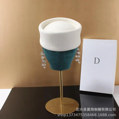 Women Wool Felt Berets Hat Vintage Hard Top Concave Top Fedoras Hats Wedding Fascinator Hats Wedding Cocktail Party Pillbox Cap
