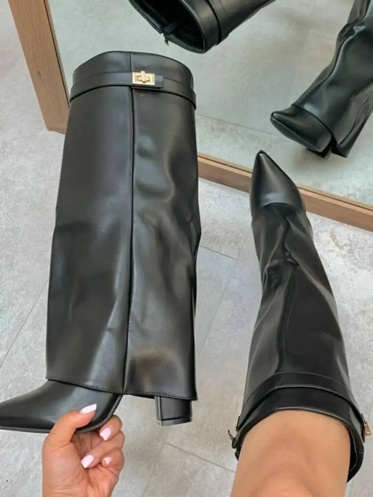 Autumn Winter New Pointed Metal Buckle Knee High Women's Boots, Thick High-heeled Pants Boots, Fashionable Mid Leg Boots