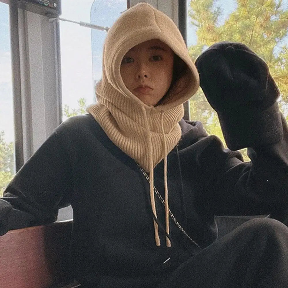 Knitted Soft Women Balaclava Hat Fashion Fake Collar Hooded Hat Neck Collar Warmer Beanies Cap Ear Protection Bonnet Hooded Caps