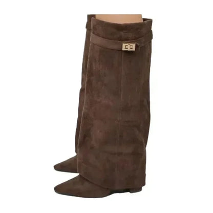 Autumn Winter New Pointed Metal Buckle Knee High Women's Boots, Thick High-heeled Pants Boots, Fashionable Mid Leg Boots