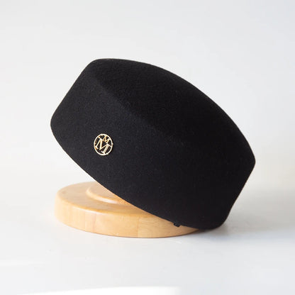 Women Wool Felt Berets Hat Vintage Hard Top Concave Top Fedoras Hats Wedding Fascinator Hats Wedding Cocktail Party Pillbox Cap