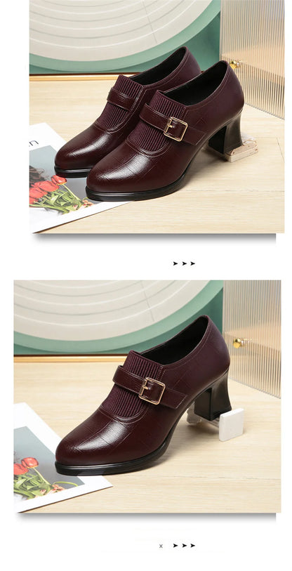 Autumn Fashion Comfort Deep Mouth Soft Leather Shoes Women Pumps 2024 Spring Block Heels Shoes for Office Mom Model Daily