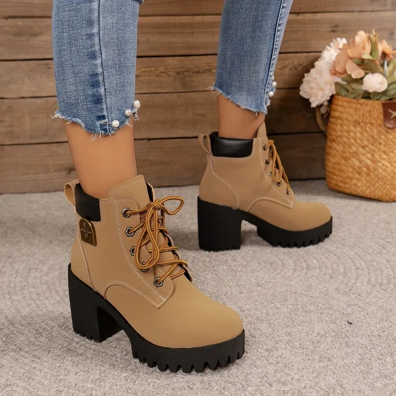 Women Retro Round Toe Chunky Heels Ankle Boots Autumn New High Heels Shoes Woman Lace Up Platform Fur Short Booties Big Size 42