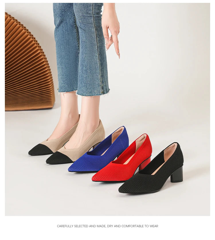 Women's high heels, pointed knit breathable and comfortable shoes (5cm high), new for autumn 2024