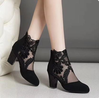 Women's Lace Heeled Shoes Fashion Ladies Roman Sandals Breathable Ladies Shoes Elegant Ladies Pumps New Mesh Sandalias De Tacón