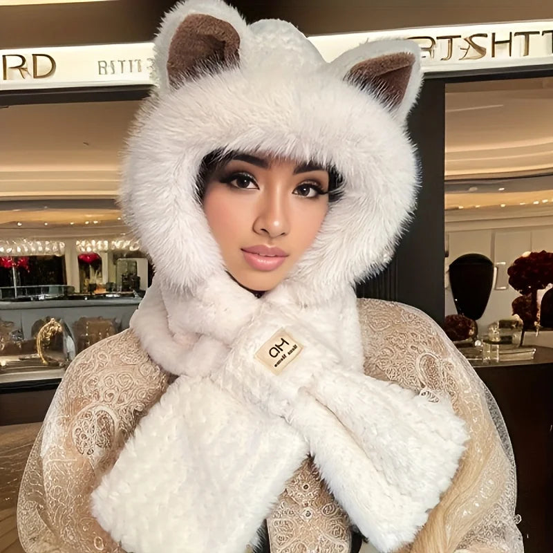 1PC Women's Cat Ear Hat with Pom-Pom, Soft Fleece Lined Winter Beanie for Christmas Gift, Cute Animal Themed Festival Cap