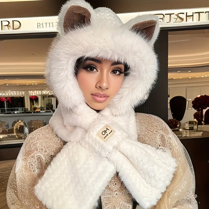 1PC Women's Cat Ear Hat with Pom-Pom, Soft Fleece Lined Winter Beanie for Christmas Gift, Cute Animal Themed Festival Cap