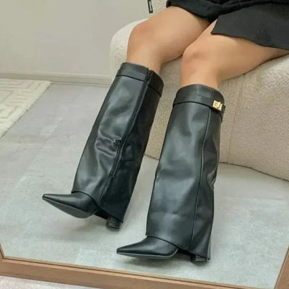 Autumn Winter New Pointed Metal Buckle Knee High Women's Boots, Thick High-heeled Pants Boots, Fashionable Mid Leg Boots