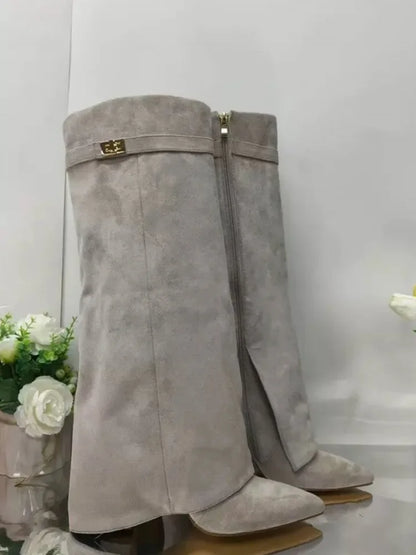 Autumn Winter New Pointed Metal Buckle Knee High Women's Boots, Thick High-heeled Pants Boots, Fashionable Mid Leg Boots