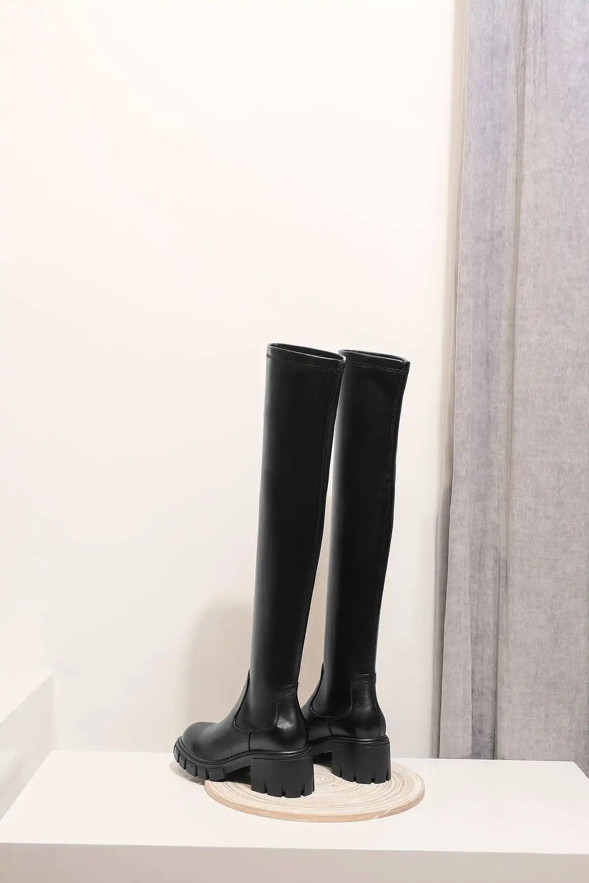 Krazing Pot Big Size Cow Leather Stretch Over-the-knee Boots Platform Round Toe High Heels Winter Women Warm Thigh High Boots
