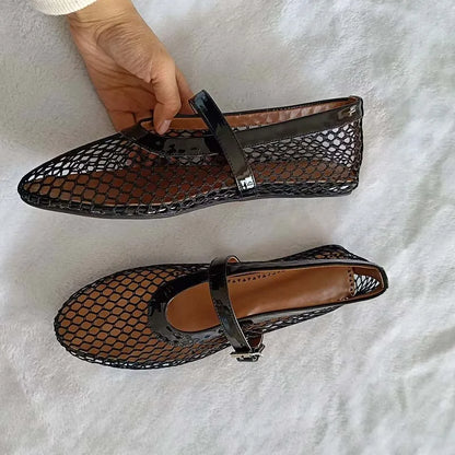 Fashion women mesh ballet falts round toe buckle strap pumps