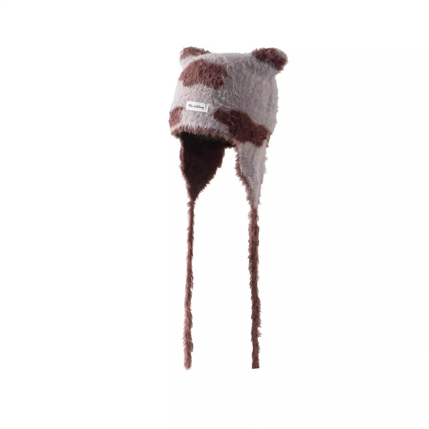 Winter Mink Velvet Fur Beanies for Women Men Cute Bear Ear Knitted Hat Crimped Straps Pullover Hat Hoody Balaclava Mom Gift