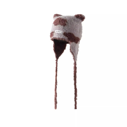 Winter Mink Velvet Fur Beanies for Women Men Cute Bear Ear Knitted Hat Crimped Straps Pullover Hat Hoody Balaclava Mom Gift