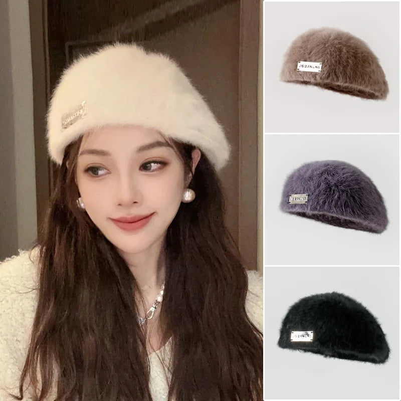 Women Reversible Rabbit Fur Beret Winter Warm Double Sided Knit Hat Retro Painter Cap for Oval Round Face