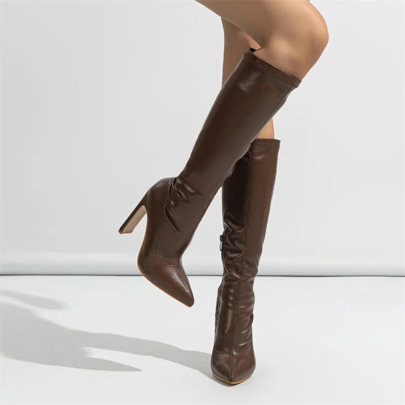 Hlieny Autumn Winter Women Knee-High Boots Fashion Pointed Toe High Heels Shoes Zipper Office Lady Long Botas De Mujer Size 42