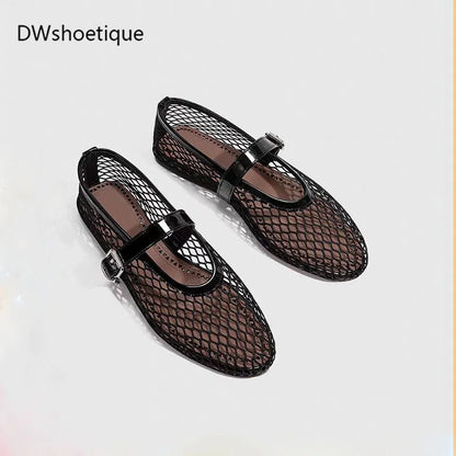 Fashion women mesh ballet falts round toe buckle strap pumps