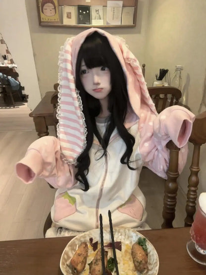 Japanese Kawaii Rabbit's Ears Hoodies Loose Polka Dot Patchwork Women Grunge Hoody Y2k Aesthetic Fairy Strawberry Sweatshirt