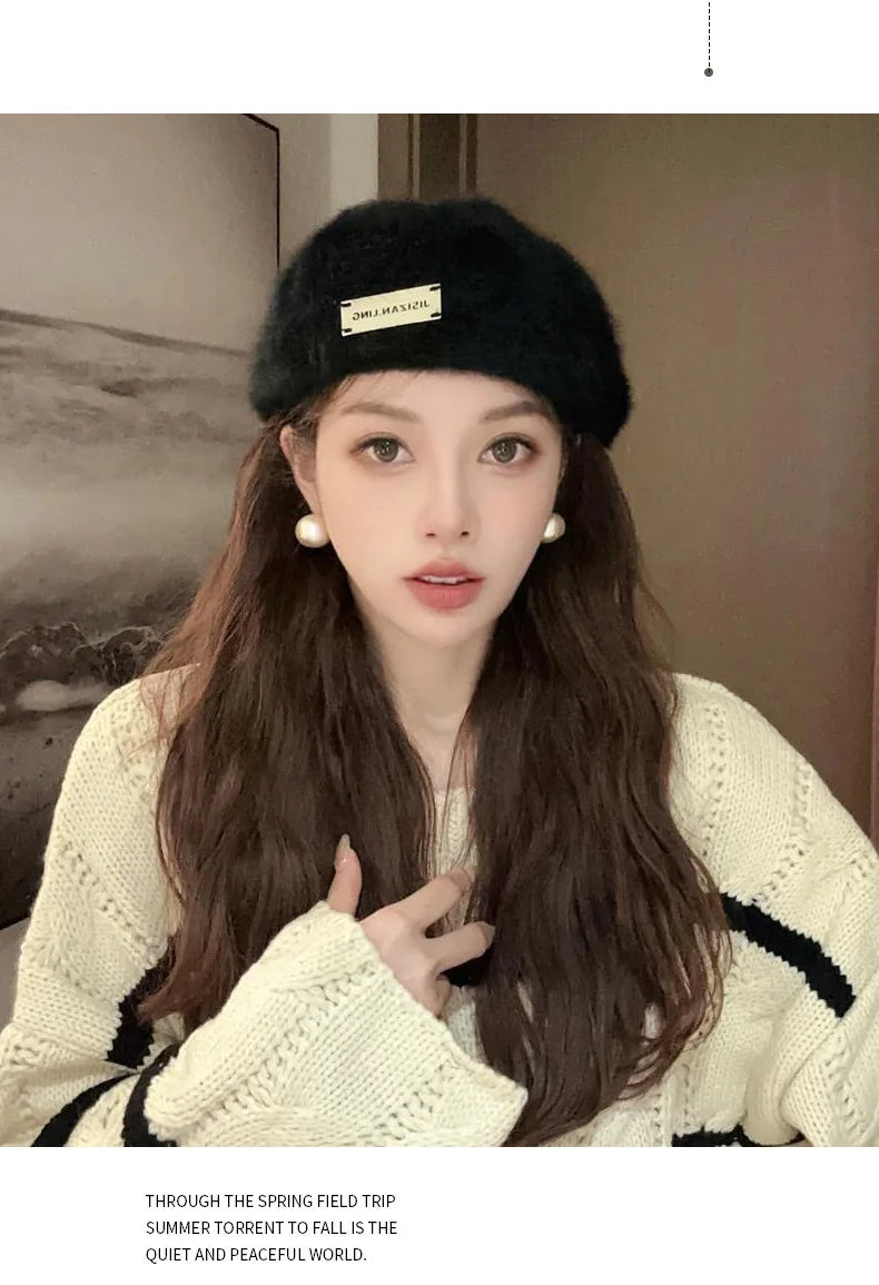 Women Reversible Rabbit Fur Beret Winter Warm Double Sided Knit Hat Retro Painter Cap for Oval Round Face