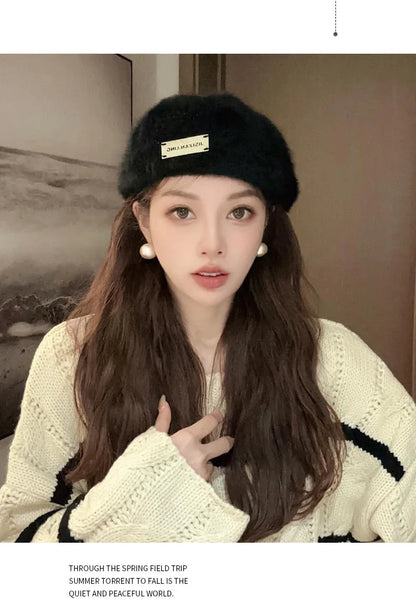 Women Reversible Rabbit Fur Beret Winter Warm Double Sided Knit Hat Retro Painter Cap for Oval Round Face