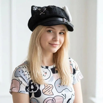 Cute Cat Ears Women's Beret Anime Cat Paw Pattern Newsboy Cap Japanese Style Sweet Baseball Cap Everyday Outfits