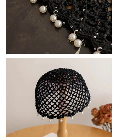 Fashion Hollowed Out Woven Pullover Hats Crochet Breathable Beret Cap Pearl Fringed Retro Beanies Cap for Women Summer Korean